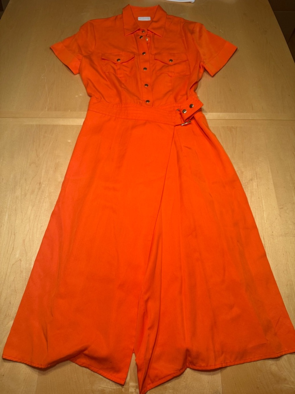 New York & Company Orange Short-Sleeve Midi Shirt Dress with Belt